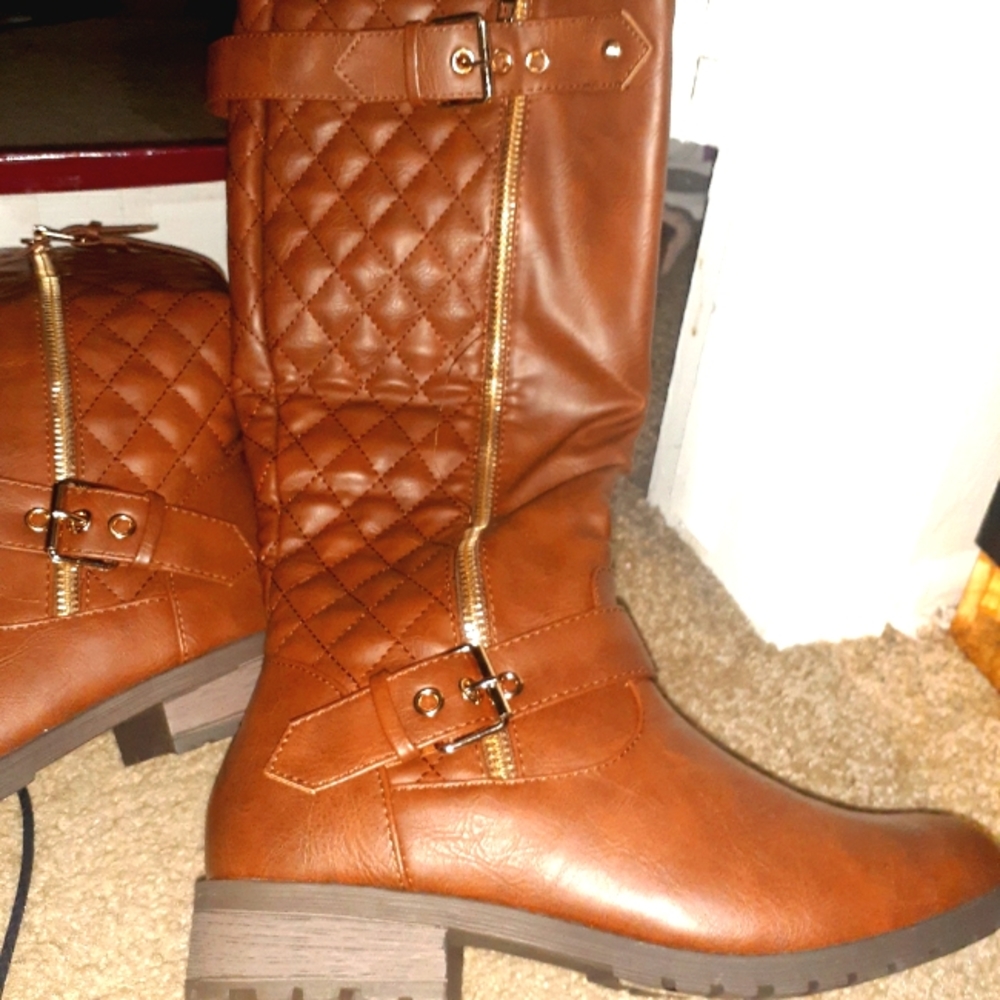 Tan & gold faux leather knee high riding boots